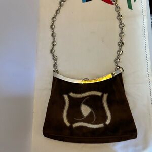 Vintage Zenith Brown Suede Designer Chain Shoulder Bag with Mirror